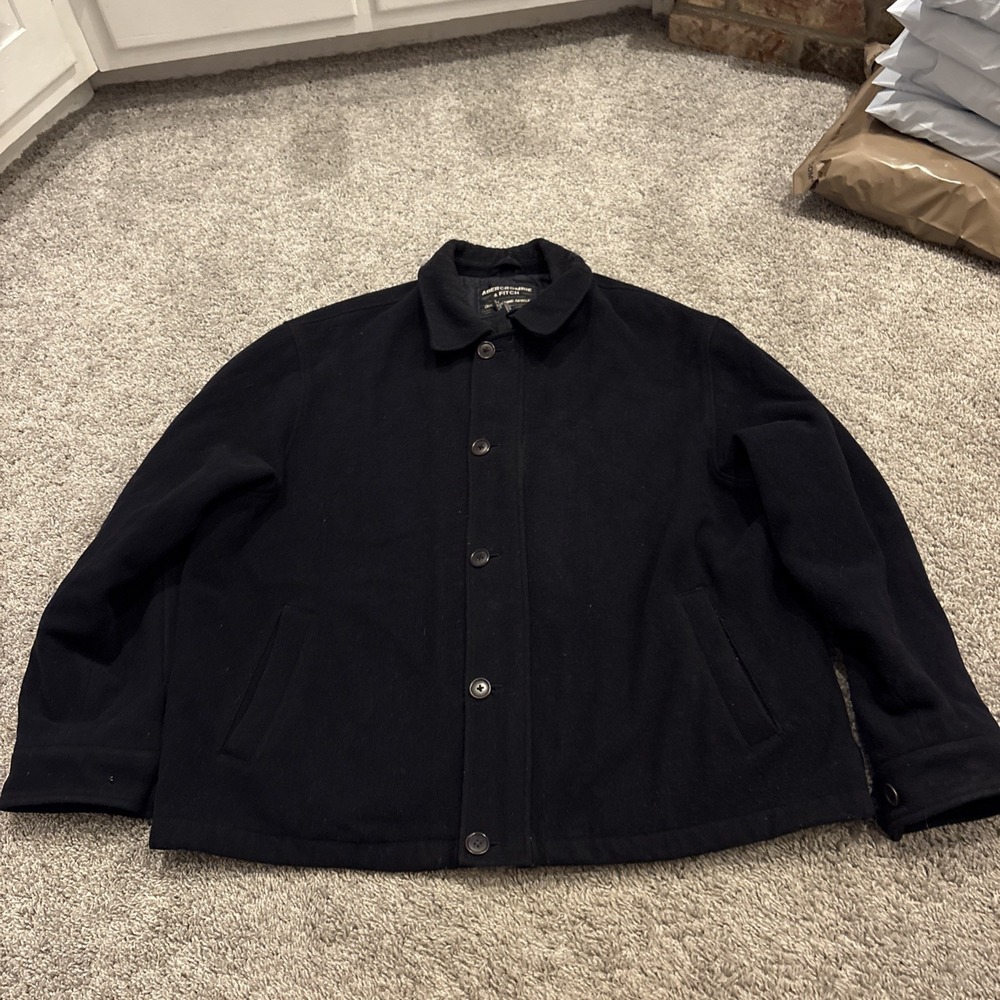 Vintage Abercrombie Fitch mens XL Heavy Wool Navy Coat Jacket Pockets *Read*